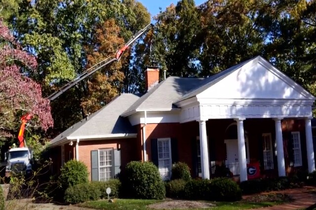 Norman Tree Care performing emergency tree services over a roof of a home.